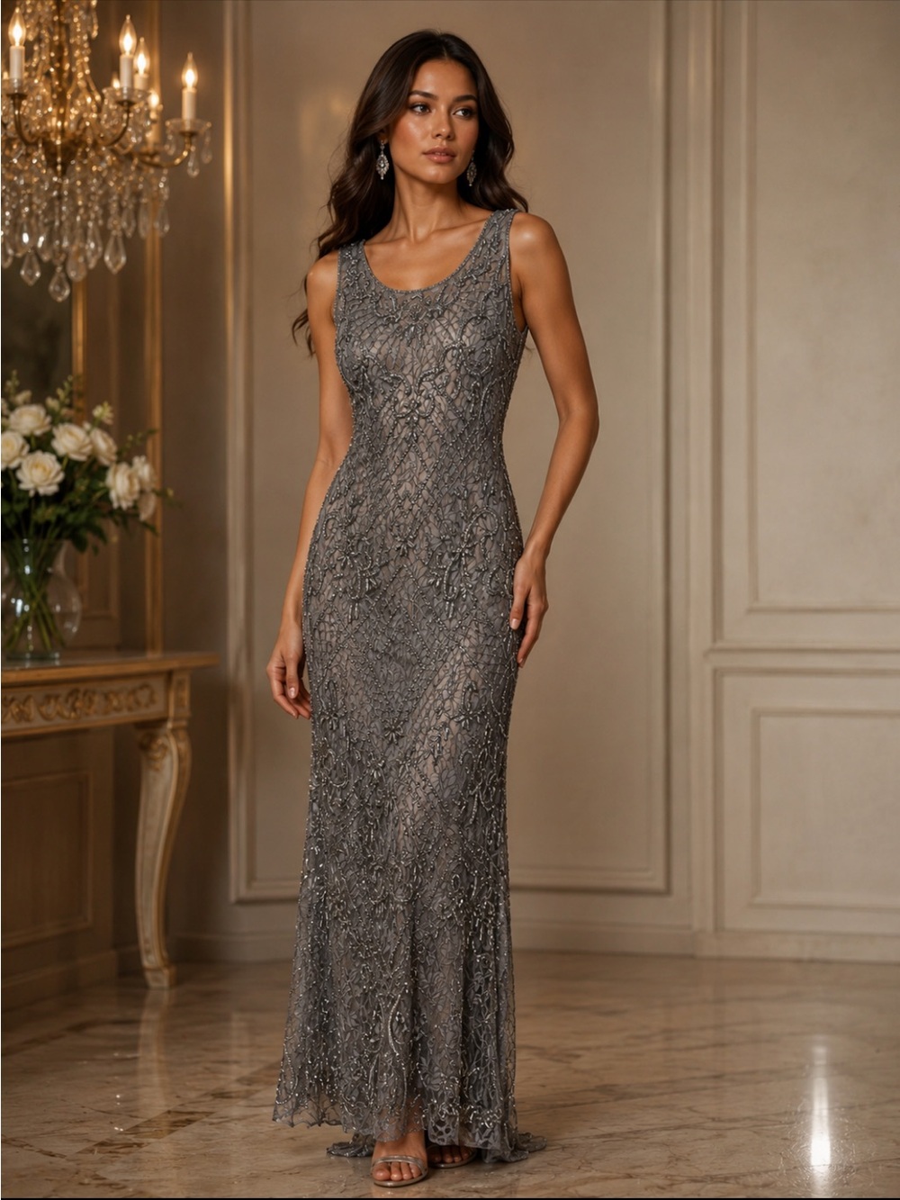 Pisarro Nights Beaded sleeveless Lace Maxi Gown in blue gray